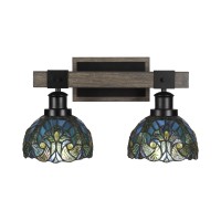 Tacoma 2 Light Bath Bar In Matte Black Painted Distressed Woodlook Metal With 7 Turquoise Cypress Art Glass