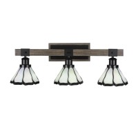 Tacoma 3 Light Bath Bar In Matte Black & Painted Distressed Wood-Look Metal With 7 Pearl & Black Flair Art Glass