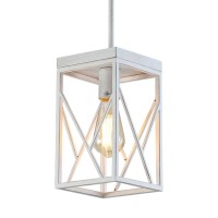 Modern Farmhouse Pendant Light With Metal Cage, One-Light Adjustable Rods Rustic Mini Pendant Lighting Fixture For Kitchen Island Cafe Bar, White With Gold