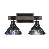 Tacoma 2 Light Bath Bar In Matte Black & Painted Distressed Wood-Look Metal With 7 Blue Mosaic Art Glass