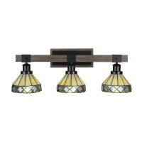 Tacoma 3 Light Bath Bar In Matte Black Painted Distressed Woodlook Metal With 7 Diamond Peak Art Glass