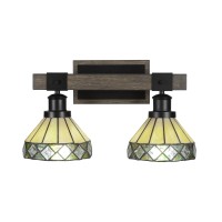 Tacoma 2 Light Bath Bar In Matte Black & Painted Distressed Wood-Look Metal With 7 Diamond Peak Art Glass