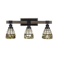 Tacoma 3 Light Bath Bar In Matte Black & Painted Distressed Wood-Look Metal With 7 Cobblestone Art Glass