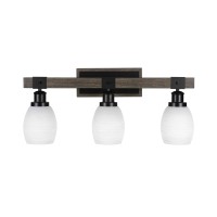 Tacoma 3 Light Bath Bar In Matte Black & Painted Distressed Wood-Look Metal With 5 White Matrix Glass