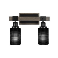 Tacoma 2 Light Bath Bar In Matte Black & Painted Distressed Wood-Look Metal With 4 Black Matrix Glass