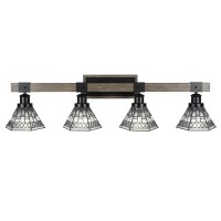 Tacoma 4 Light Bath Bar In Matte Black & Painted Distressed Wood-Look Metal With 7 Pewter Art Glass