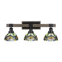 Tacoma 3 Light Bath Bar In Matte Black & Painted Distressed Wood-Look Metal With 7 Pavo Art Glass