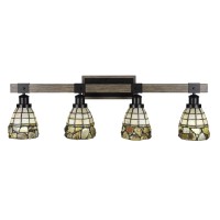 Tacoma 4 Light Bath Bar In Matte Black & Painted Distressed Wood-Look Metal With 7 Cobblestone Art Glass