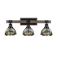 Tacoma 3 Light Bath Bar In Matte Black & Painted Distressed Wood-Look Metal With 7 Earth Star Art Glass