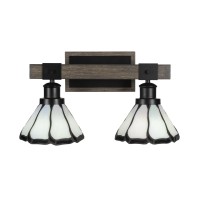 Tacoma 2 Light Bath Bar In Matte Black & Painted Distressed Wood-Look Metal With 7 Pearl & Black Flair Art Glass