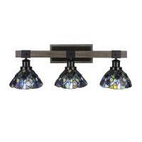 Tacoma 3 Light Bath Bar In Matte Black & Painted Distressed Wood-Look Metal With 7 Blue Mosaic Art Glass