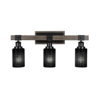 Tacoma 3 Light Bath Bar In Matte Black & Painted Distressed Wood-Look Metal With 4 Black Matrix Glass