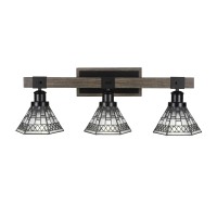 Tacoma 3 Light Bath Bar In Matte Black & Painted Distressed Wood-Look Metal With 7 Pewter Art Glass