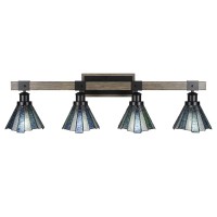 Tacoma 4 Light Bath Bar In Matte Black & Painted Distressed Wood-Look Metal With 7 Sea Ice Art Glass