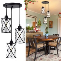 Dllt 3-Light Industrial Pendant Light, Black Metal Cage Hanging Chandelier Lights With Glass Shade, Vintage Style Flush Mount Swag Lighting Fixture For Kitchen/Dining Room/Hallway/Bedroom, E26 Base