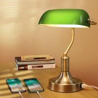 Mlambert Green Glass Bankers Lamp With 2 Fast Usb Charging Ports, 3 Way Dimmable Desk Lamp, Touch Control Vintage Table Lamp For Workplaces, Library, Bedroom, Piano Style Lamp