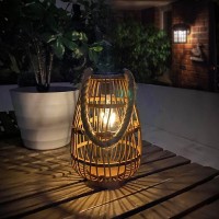 Pearlstar Outdoor Solar Lanterns Light Rattan Natural Lantern With Handle For Hanging Or Table Lamp For Patio Yard Garden Wedding Home Decoration, Edison Bulb, Auto On/Off(Style 1)