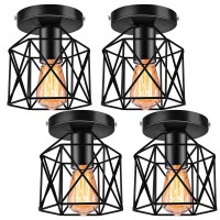 Birsppy 4 Pack Industrial Vintage Ceiling Light Fixture, E26 Metal Rustic Cage Light Fixtures, Semi Flush Mount Ceiling Light Fixture For Hallway Farmhouse Porch Stairway, Black