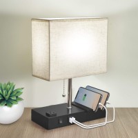 Winshine Bedside Lamp For Bedroom,3 Phone Stand Base Modern Table Lamp With Natural Daylight, 2 Usb Charging Ports, Ac Outlets, Nightstand Lamp Fabric Linen Lampshade E26 Led Bulb Included