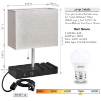 Winshine Bedside Lamp For Bedroom,3 Phone Stand Base Modern Table Lamp With Natural Daylight, 2 Usb Charging Ports, Ac Outlets, Nightstand Lamp Fabric Linen Lampshade E26 Led Bulb Included