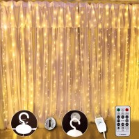 Sinamer White Curtain Light For Bedroom, 300 Led 9.8Ft X 9.8Ft Window Fairy Curtain String Light With 16 Hooks, 8 Models Remote Control For Wedding Party Home Garden Indoor Decorations