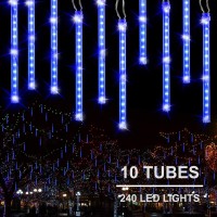 Meteor Shower Christmas Icicle Lights Outdoor, 11.8 Inch 10 Tubes 240Led Snowfall Lights Connectable, Waterproof Hanging Rain Drop Lights For Tree Bushes Holiday Party Christmas Decoration(Blue)