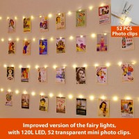 Hxweiye 120Leds Photo Clips String Light Warm White 40Ft Fairy Light With 52 Clear Clips 12 Hooks On Wall Timer 8 Modes Us