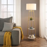 Rosen Garden Floor Lamp, Standing Reading Light With Faux Marble Shelves And Fabric Shade, Modern Tall Pole, Accent Furniture D?Or Lighting For Living Room, Bedrooms