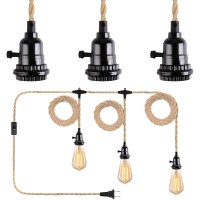 Yilliaw 27Ft 3 Light Plug In Pendant Lights With Switch And Hemp Rope, Triple Pendant Light Cord Kit Hanging Lights Fixture With E26 Led Bulbs Socket For Diy Hanging Lamp Home Lighting Decor