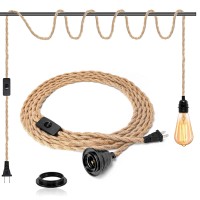 Yilliaw 15Ft Industrial Pendant Lights Cord Plug In Hanging Lights With Switch And Twisted Hemp Rope, Hanging Lamp Fixture With E26 Socket For Diy Farmhouse Home Bedroom Living Room Decor