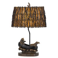 Benjara 150W 3 Way Bear Canoe Table Lamp With Oval Wicker Shade, Antique Bronze