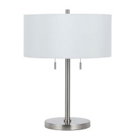 Benjara Metal Body Table Lamp With Fabric Drum Shade And Pull Chain Switch, Silver