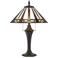 Benjara Tiffany Table Lamp With 2 Pull Switches And Resin Pedestal Body, Bronze