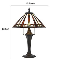 Benjara Tiffany Table Lamp With 2 Pull Switches And Resin Pedestal Body, Bronze