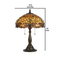 Benjara 2 Bulb Tiffany Table Lamp With Dragonfly Design Shade, Multicolor