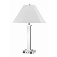 Benjara Bm224678 Trapezoid Shade Table Lamp With Metal Base And 2 Usb Ports, White And Chrome