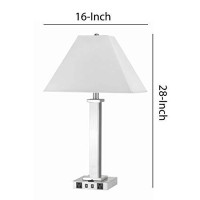 Benjara Bm224678 Trapezoid Shade Table Lamp With Metal Base And 2 Usb Ports, White And Chrome