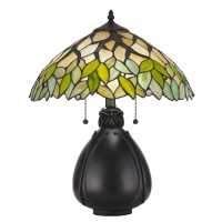 Benjara 2 Bulb Tiffany Table Lamp With Leaf Design Glass Shade, Multicolor