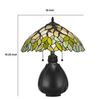 Benjara 2 Bulb Tiffany Table Lamp With Leaf Design Glass Shade, Multicolor