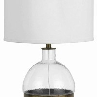 Benjara 3 Way Table Lamp With Glass Round Base And Antique Brass Accent, White