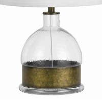 Benjara 3 Way Table Lamp With Glass Round Base And Antique Brass Accent, White