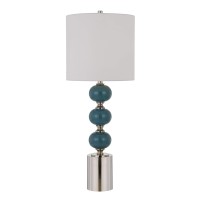 Bestow your home with this elegant and charming table lamp available in set of 2 Stacked ball design ceramic body with cylindrical shaped base completes the look and makes it a piece worth addition Fabric round shade adds to its look