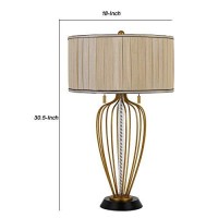 Benjara Pleated Drum Shade Table Lamp With Caged Urn Style Base, Black And Gold