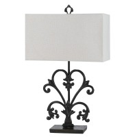 Benjara Bm224661 Rectangular Shade Table Lamp With Scrolled Metal Base, White And Black