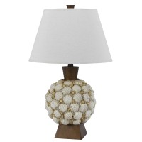 Benjara 150 Watt Seashell Embellished Polyresin Table Lamp, Off White And Brown