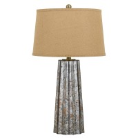 Benjara Glass Body Table Lamp With Tapered Burlap Shade, Gray And Beige