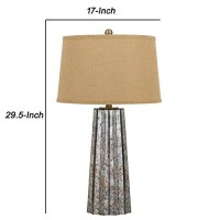 Benjara Glass Body Table Lamp With Tapered Burlap Shade, Gray And Beige