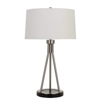 Benjara Bm224792 3 Way Table Lamp With Sleek Metal Body And Fabric Shade, Silver And White