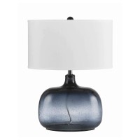 Benjara Glass Body Table Lamp With Drum Shade And Bubble Design, Blue And White