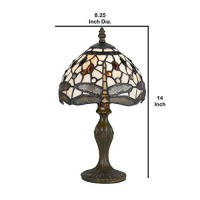 Benjara Metal Body Tiffany Table Lamp With Dragonfly Design Shade, Multicolor